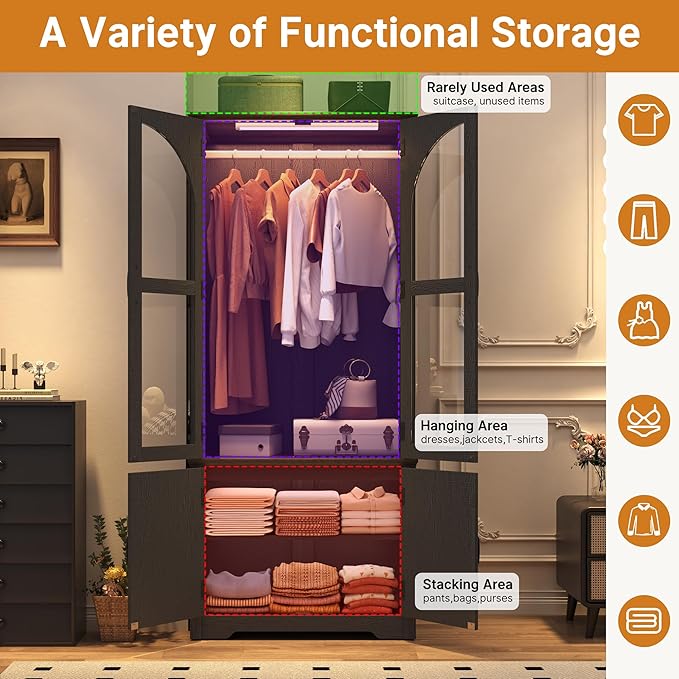 Tall Farmhouse 2 Doors Armoire Wardrobe Closet with LED ,72" Freestanding Arched Wardrobe Closet Cabinet for Bedroom w Glass Doors,Wooden Clothing Storage Cabinet,Closets for Bedroom(Black)