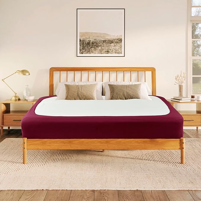 Biscaynebay Decorative Box Spring Cover King & Cal King Size, Burgundy Luxurious Jersey Knitting Stretchy Wrap Around 4 Sides Bed Skirt for Home/Hotels, Easy Fit Wrinkle & Fade Free Machine Washable
