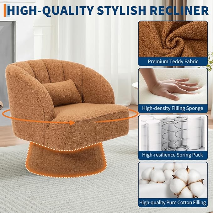 GarveeHome Modern Swivel Barrel Accent Chair, 360° Teddy Fabric Upholstered Armchair with Striped Backrest & Plush Padding, Comfy Round Lounge Chair for Living Room, Bedroom, Reading Nook, Brown 2 PCS