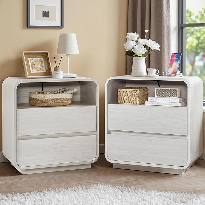 White Nightstand with Charging Station, 25" Tall Wood Bedside Table, Modern End Table with 2 Storage Drawers, Curved Profile, Mid Century Night Stand for Bedroom, Dorm, Sofa, Office