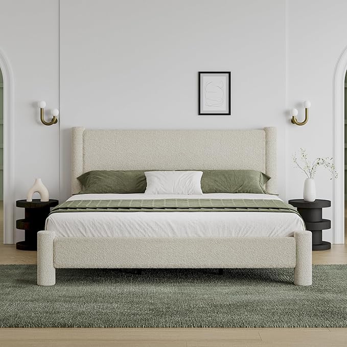 King Size Bed Frame, Boucle Bed Frame with Headborad, Soft Upholstered Platform Bed Frame with Rounded Corners, No Box Spring Required, Easy Assembly, Cream