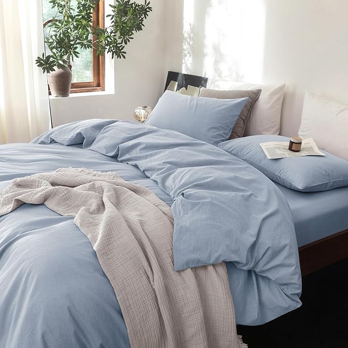 FOSSA Duvet Cover Set 100% Washed Cotton Linen Feel Super Soft Breathable Cozy 3 Pieces Bedding Sets Solid Sky Blue King