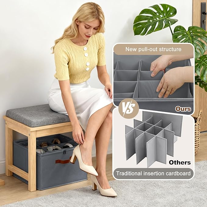 Shoe Organizer for Closet, Foldable Shoe Storage Box with Clear Top Lid, 3 Leather Handles, Adjustable Dividers, Fits 8-16 Pairs, Stackable Shoe Bin for Bedroom (Gray, 2 PCS/16.9*11.8*1.57 inch)