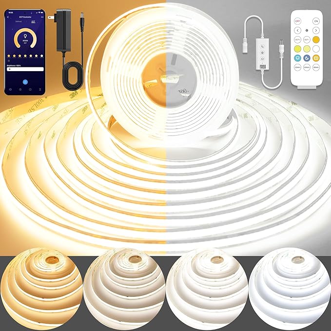 COB LED Strip Light,CCT Dimmable Strips Light,2700K-6500K,9.84ft/3m,8mm Wide,CRI90+ 24V LED Strips Kit with Bluetooth APP Control/Music Mode,for Bedroom,Kitchen,DIY Lighting