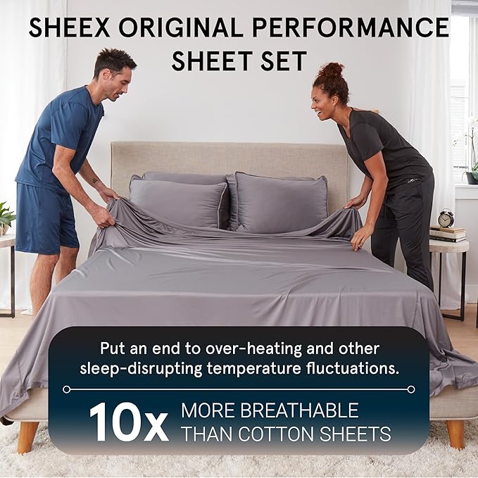SHEEX - Original Performance Sheets Set (Split King) Ecru - Cooling Sheets - Moisture Wicking - 1 Flat Cooling Sheet, 1 Fitted Cooling Sheet, 2 King Pillow Covers - Wrinkle Free - Sleep Aid