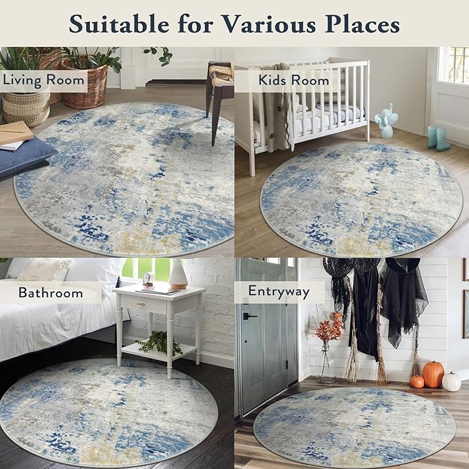 Lahome Modern Abstract Round Rug 4Ft, Blue Washable Front Door Mat Soft 4x4 Circle Rug for Entryway Bedroom Non Slip, Contemporary Indoor Floor Carpet for Living Room Sofa Bedroom Nursery Decor
