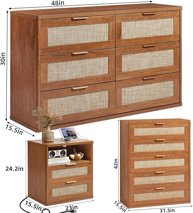 LEYAOYAO Rattan Dresser and Nightstand Set of 3, Boho Wood Dresser for Bedroom with 6 Drawers and Night Stand with Charging Station, Bedroom Furniture, Dressers & Chests of Drawers,Hallway,Living Room