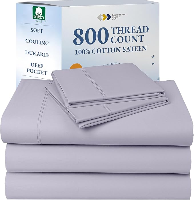 California Design Den 100% Cotton Sateen Split King Sheet Set - Luxury 800 Thread Count Bedding Set with Deep Pockets - Lavender
