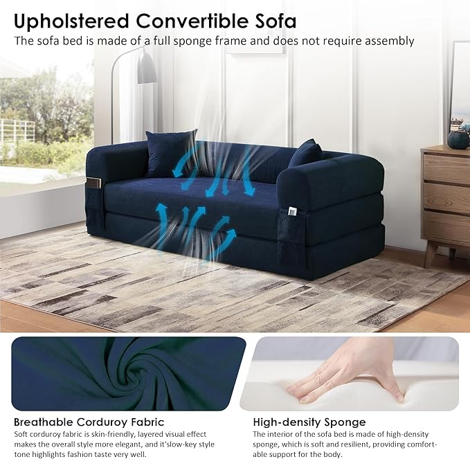 80" Convertible Sofa Bed, Corduroy Deep Seat Folding Pull Out Couch with Pillows, No Assembly Modern Boneless Couch Compression Sofa in Box, Floor Sofa with Storage Pocket for Living Room,Navy Blue