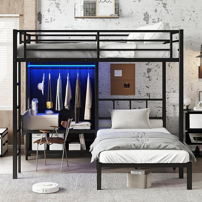 Full XL Over Twin Metal Bunk Bed with Folding Desk, Closet LED,Space-Saving/Noise Reduced, Black Modern Style Multi-Functional Storage Needs Space-Saving Noise Reduced