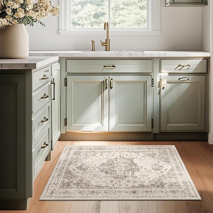 2x3 Vintage Washable Area Rugs for Entryway Soft Non-Slip Bath Mat Boho Medallion Distressed Retro Accent Carpet Floral Low Pile Indoor Throw Rug for Kitchen Laundry Living Room Bedroom, Taupe