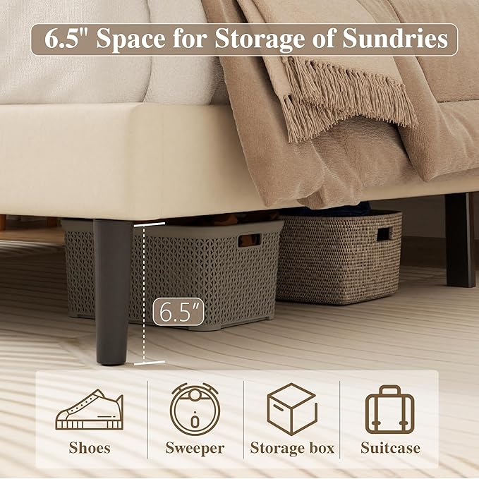 King Size Bed Frame with Diamond Tufted Headboard, Velvet Upholstered Platform Bed and Wooden Slat Support, Noise-Free, No Box Spring Needed, Easy Assembly, Beige