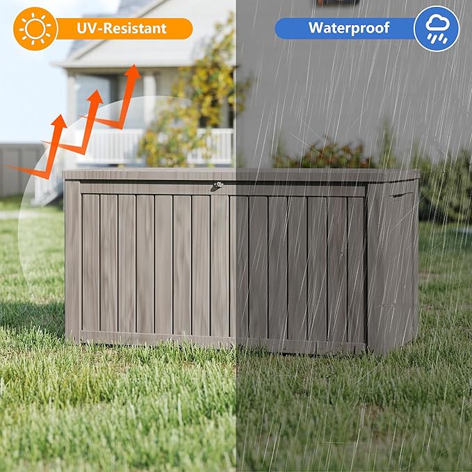 150 Gallon Outdoor Storage Box Waterproof, Resin Deck Boxes with Lockable Lid & UV-Resistant for Patio, Pool, Garden Furniture Cushions & Accessories, Coffee