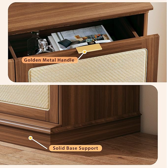 9 Drawer Dresser for Bedroom, 60 Inch Long Dressers & Rattan Chest of Drawers, Boho Style, Large TV Stand for 55, 65, 70 Inch TV, for Bedroom, Living Room, Entryway, Hallway, Walnut