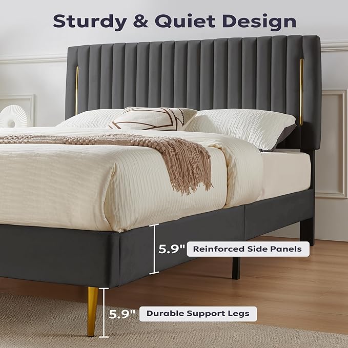 Queen Platform Bed Frame, Velvet Upholstered Bedframe with Vertical Channel Adjustable Headboard, Golden Plating Trim, Mattress Foundation with Wooden Slats, No Box Spring Needed, Grey