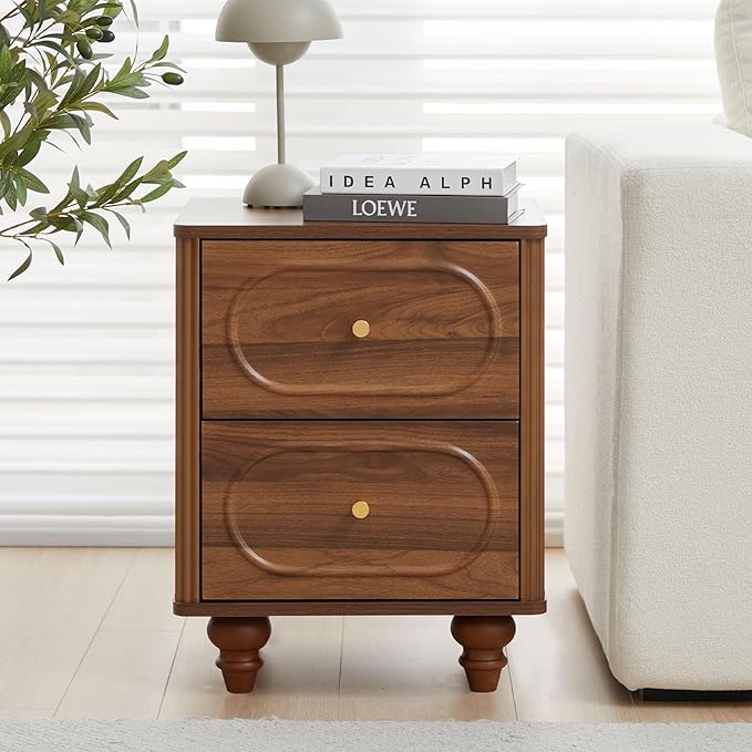 ORRD 2 Drawer Fluted Mini Small Dresser for Bedroom Set of 2, Mid Century Modern Nightstand Bedside End Table, Wood Storage Dresser Organizer for Bedroom Living Room, Walnut
