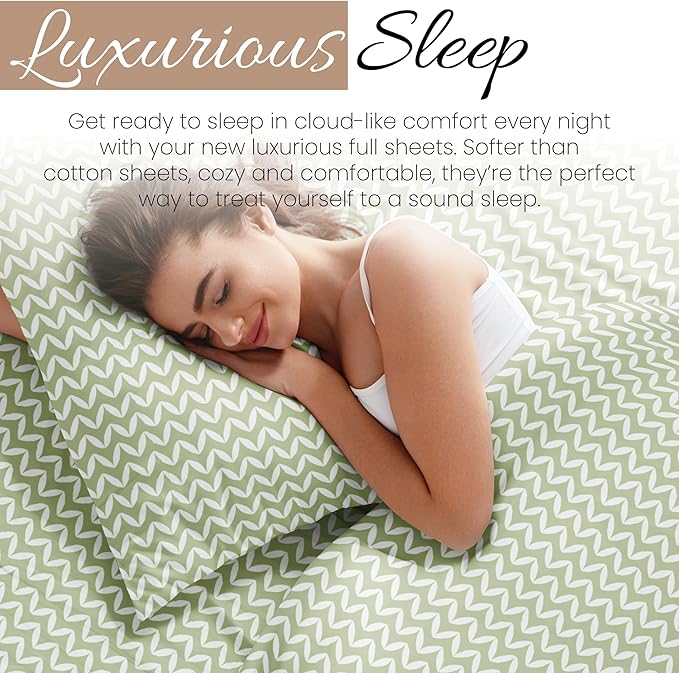 Linen Market Double-Brushed Patterned Microfiber Full Sheet Set 4 Piece – Oeko-TEX Certified Ultra Soft & Wrinkle-Free - 16" Deep Pocket Sheets - Easy Care Full Size - Puffed Chevron Sage