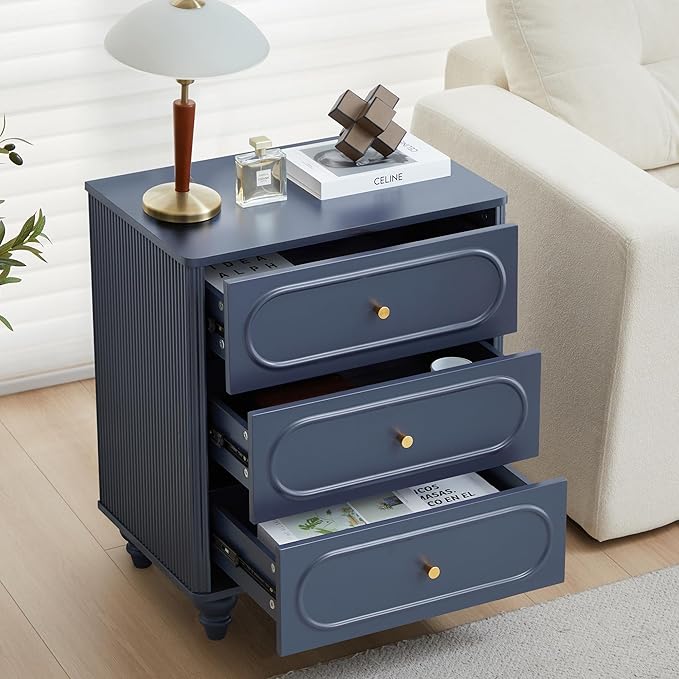 3 Drawer Fluted Dresser for Bedroom Set of 2, Mid Century Modern Chest of Drawers, Wood Storage Small Dresser Organizer for Bedroom Living Room Hallway Closet, Blue