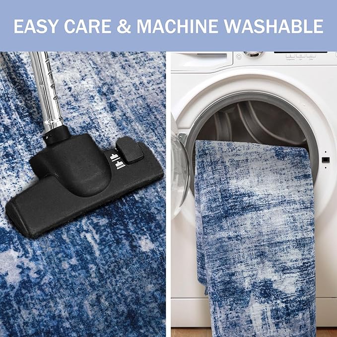 IOHOUZE Abstract Runner Rug 3x18 Ft Washable Runners for Hallways, Non Slip Kitchen Runner Printed Faux Wool Entryway Runner Indoor, Modern Abstract Floor Carpet for Hall Stair, Navy/Grey
