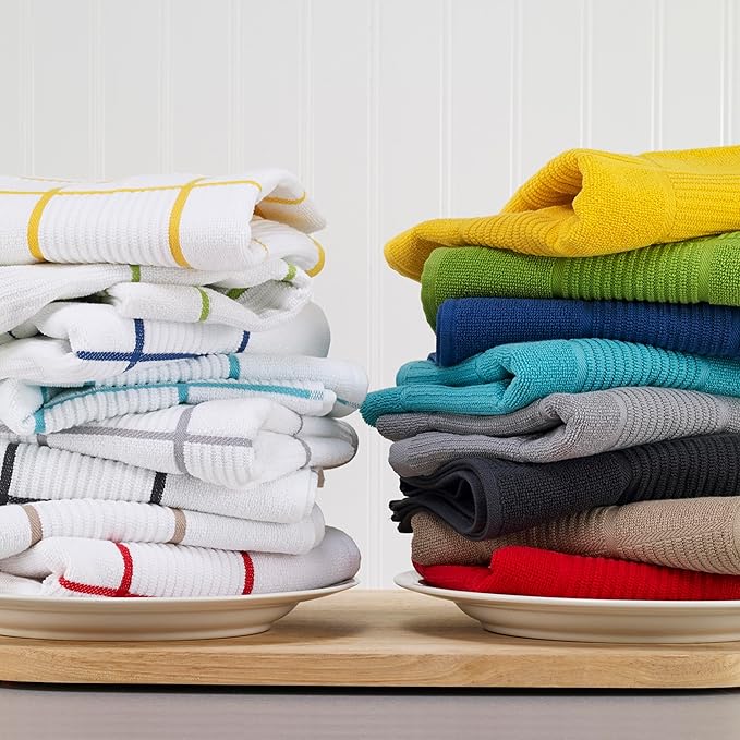 T-Fal Solid & Checked Parquet Kitchen Towels: Highly Absorbent, Super Soft Long Lasting - 100% Cotton, 16"x26" Dish Towels for Cleaning & Drying Dishes, Pans, Glassware, or Countertops, 2-Pack, Lemon