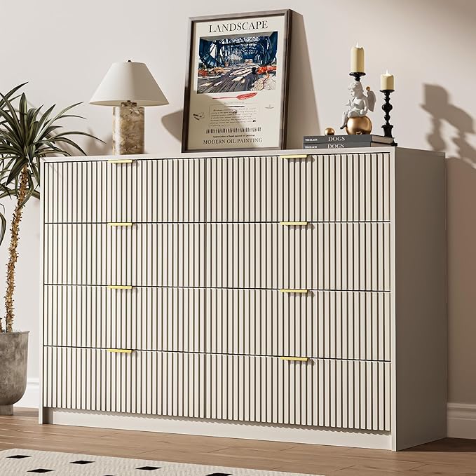 3-Piece Dresser Bedroom Set, 8 Drawer Dresser & 2 Drawer Nightstands with Gold Handles, Fluted Wood Chest of Drawers for Bedroom, Living Room, Entryway, Beige