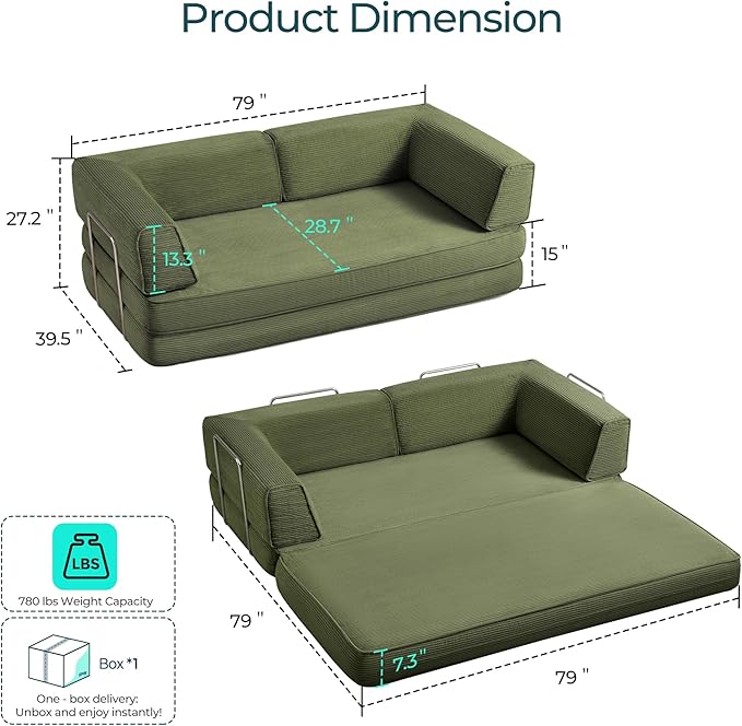 LINSY HOME 79'' Convertible Sofa Bed - Boneless Compression Sofa Folding Loveseat Sleeper - Foldable Corduroy Couch Bed for Living Room Bedroom - Modular Sectional Compressed Sofa in Box, Green