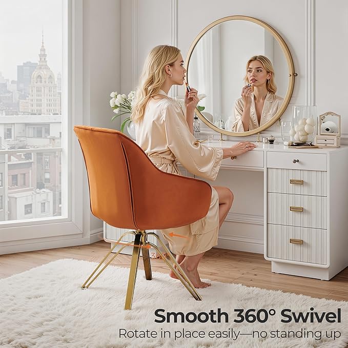 Zouron Mid Century Modern Swivel Accent Chair with Gold Metal Legs, Upholstered Swivel Chair No Wheels, Side Accent Arm Chair Vanity Chair for Small Space Home Office Living Room Bedroom, Orange