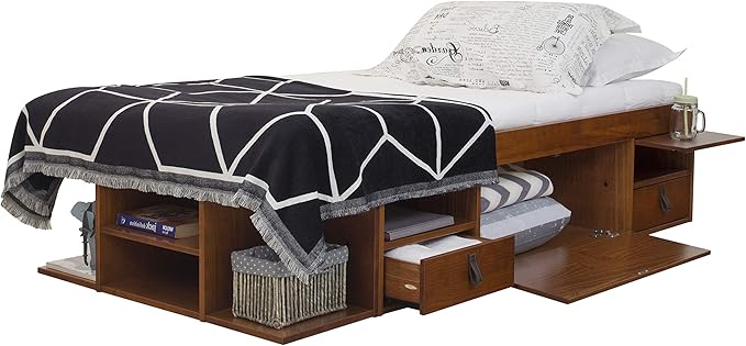 memomad Bali Storage Platform Bed with Drawers (Twin Size, Caramel Brown Wood)