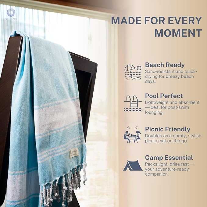 Cotton Turkish Beach Towel Towels Oversized 36"x72" Pool Absorbent Extra Large Quick Dry Sand Travel Towel (Aqua Blue, 2 Pack)