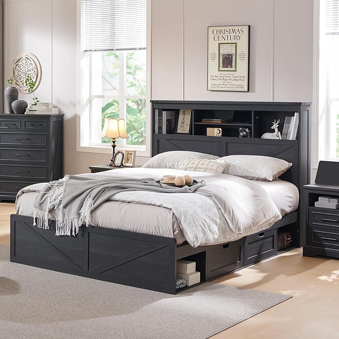 ACCOHOHO Farmhouse Queen Size Bed Frame with 52" High Storage Bookcase Headboard and 4 Drawers,Wooden Bed Frame with LED Light and Charging Station,Black
