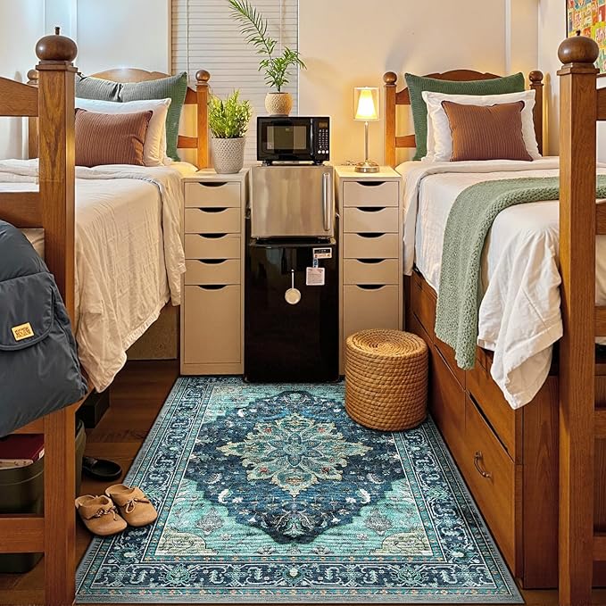 Area Rugs 4'x6' Washable Non-Slip, Floral Vintage Distress Print Pattern Medallion Carpet for Living Room Bedroom Dining Room, Teal Green Lake Blue Turquoise