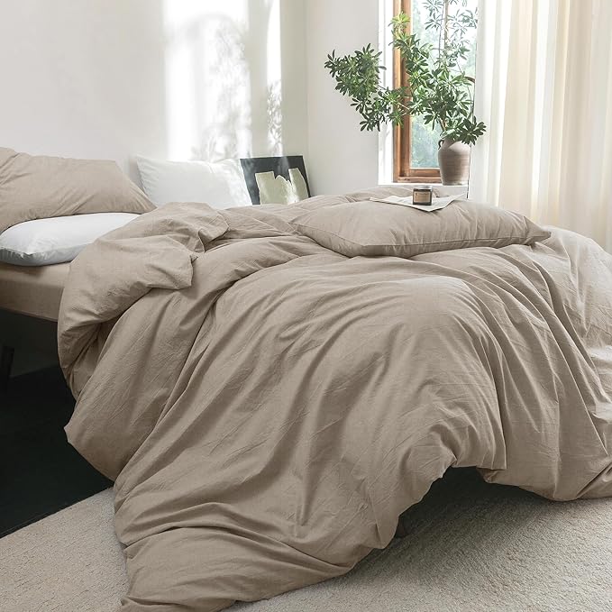 FOSSA Duvet Cover Set 100% Washed Cotton Linen Feel Super Soft Breathable Cozy 3 Pieces Bedding Sets Solid Tannish Linen Grey Twin/Twin XL