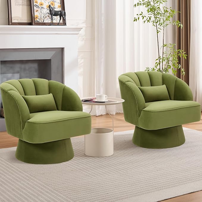 GarveeHome Modern Swivel Barrel Accent Chair, 360 Degree Velvet Upholstered Armchair with Striped Backrest & Plush Padding, Comfy Round Lounge Chair for Living Room, Bedroom, Reading Nook, Green 2 PCS