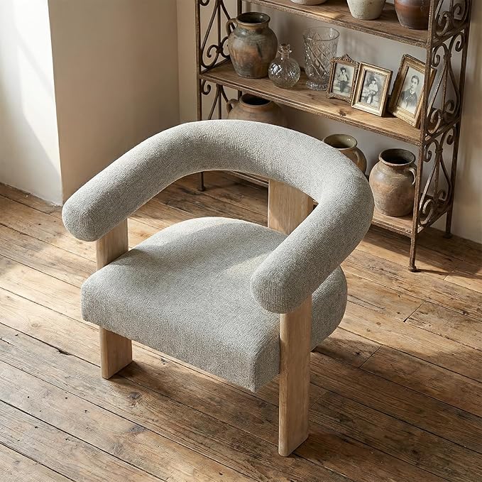 VKNOW Accent Chair Living Room Chair, Modern Upholstered Arm Chair with Solid Wood Legs, Comfy Barrel Accent Chair for Living Room, Bedroom, Grey