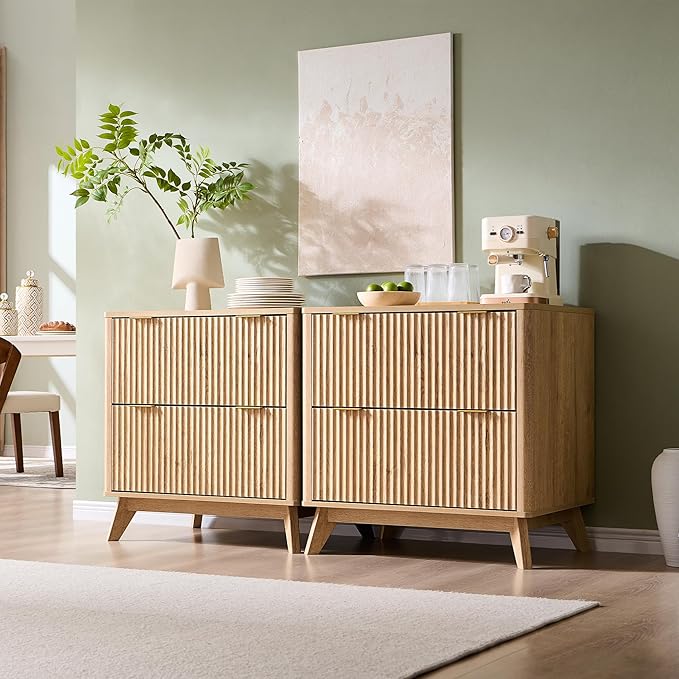 T4TREAM Set of 2 Modern Fluted Sideboard Buffet Cabinet with Drawers Storage, 60" Modular Accent Cabinet for Credenza, Entryway & Hallway, Natural Oak