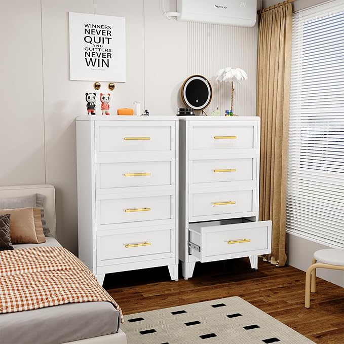 Metal Dresser for Bedroom Tall, White Dressers & Chest of Drawers, 4 Drawer Dresser with Curved Corner, Storage Cabinet with Drawers for Living Room, Entryway, Home Office (White, 24" W)