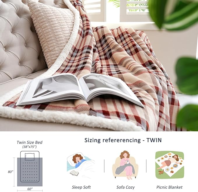 Sherpa Blanket Throw Blanket for Couch Sherpa Fleece Blanket Fluffy Checkered Soft Blanket for All Season Use Cozy Thick Warm Big Throws (Beige-Plaid, 80"*90")