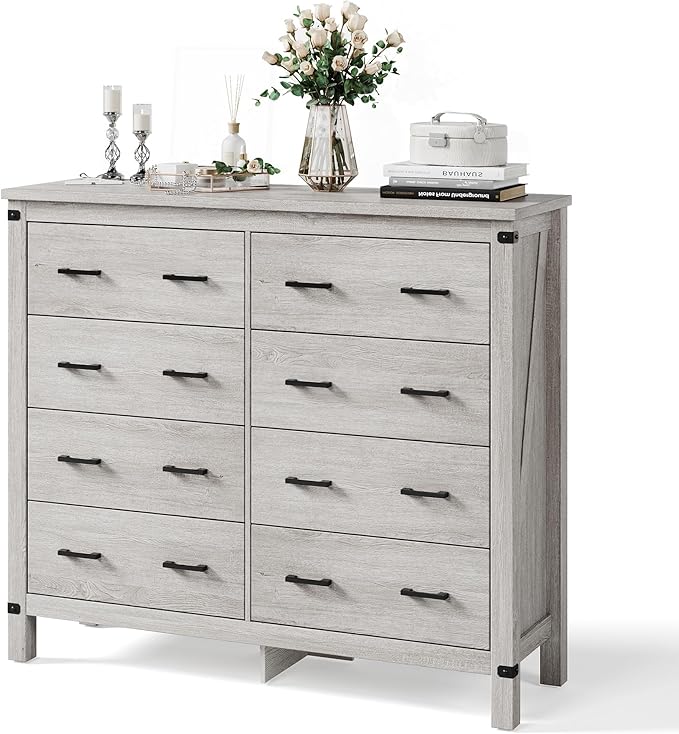 LINSY HOME Farmhouse 8 Drawer Double Dresser for Bedroom, 50” Wide Rustic Wood Chest with Deep Drawers, Modern Dressers with Storage and Metal Handles for Closet, Living Room, Hallway, Wash Grey