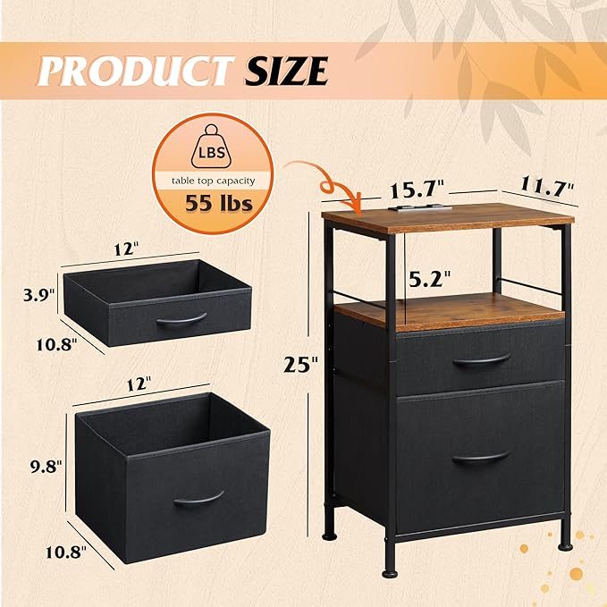WLIVE Nightstands Set of 2, Night Stand Set 2 with Charging Station, Bedside Tables for Bedroom, Side Table with 2 Fabric Drawers, Small Dresser, USB Ports and Outlets, Black and Rustic Brown