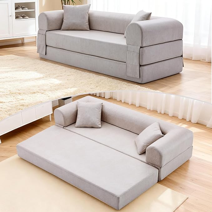 78.5" Convertible Sleeper Sofa Bed, Faux Leather Deep Seat Folding Floor Sofa with Pullout Bed & 2 Pillows, No Assembly Modern Boneless Couch Compression Sofa in Box for Living Room, Office, Beige