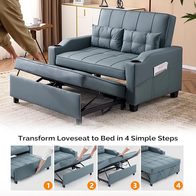VINGLI Convertible Loveseat Sleeper, Blue Grey Faux Leather Futon Sofa Bed Pullout Couch Bed with USB Ports, Cup Holders, Armrest for Living Room, Bedroom, Home Office Apartment