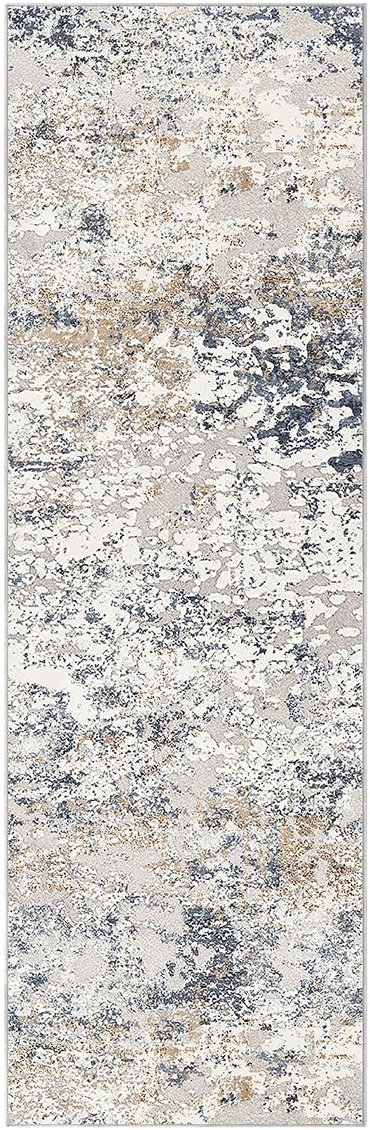 Washable Runner Rug for Hallway: 2.6x8 Neutral Modern Abstract Low Pile Area Rug with Non-Slip Backing - Carpet for Bedroom Kitchen Laundry Entryway Bathroom Indoor - Beige Blue