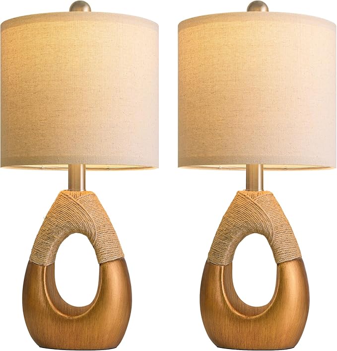 OYEARS 19" Table Lamps Set of 2, Boho Lamps for Living Room, Rustic Bedside Lamps for Bedroom, Farmhouse Rattan Table Lamp, Small Space Nightstand Lamp for Home Office (Bulb Not Included, Gold)
