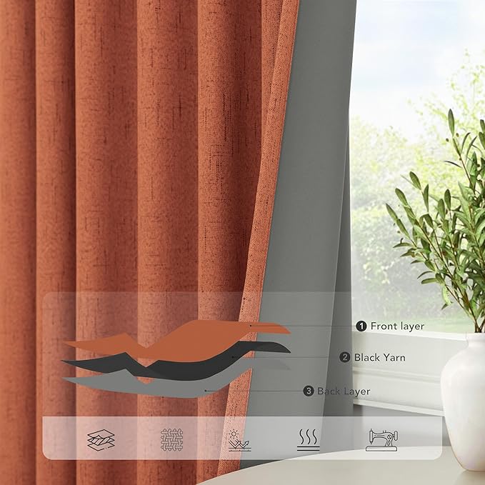 Pitalk Terracotta Blackout Curtains for Nursery 63 Inch Length 2 Panel Autumn Fall Decoration Linen Boho Western Curtain for Bedroom Window Room Darkening Rust Curtains for Living Room Dining MCM