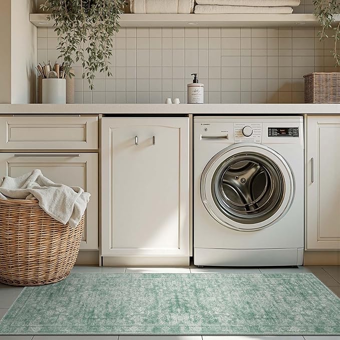 jinchan Runner Rug 2x5 Green Kitchen Rug Hallway Runner - Machine Washable Vintage Floral Non-Slip Low Pile Soft Ultra-Thin Distressed Carpet for Entryway Farmhouse Bedroom Laundry Room (2’x5’, Green)