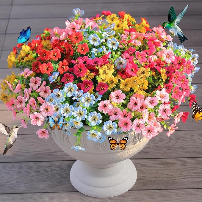 Faux Flowers for Outdoor Planters 16 Bundles UV Resistant Artificial Fake Eucalyptus Plants Outside Spring Summer Yard Decor Realistic Silk Daisy Used for Patio,Front Porch,Pots Decoration