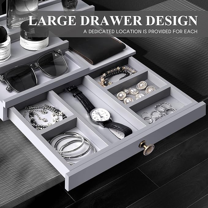 EOSAHR Modern Wooden Cologne Organizer for Men - 3 Tier Perfume Organizer with Storage Drawer and Hidden Compartment - Ideal Gift for your Boyfriend or Dad (Gray)