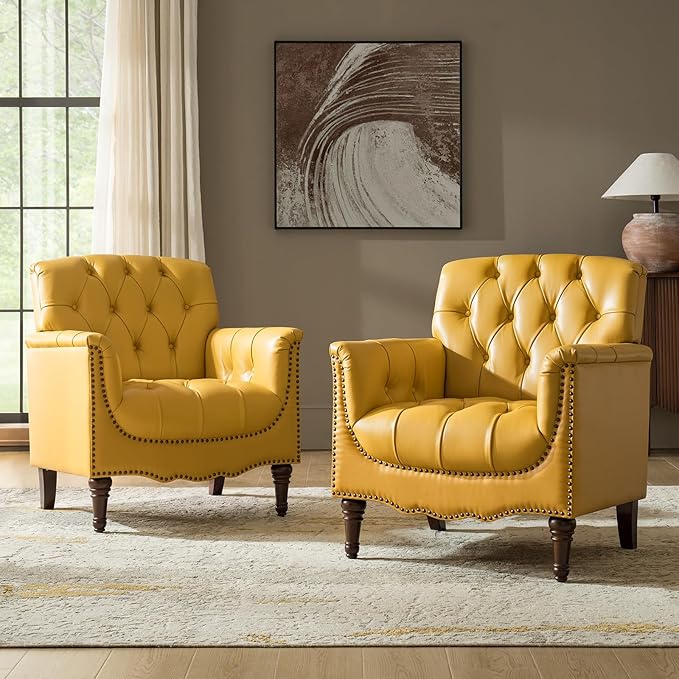 HULALA HOME Mid Century Modern Leather Club Chairs Set of 2, Top-Grain Genuine Leather Armchairs with Button-Tufted Back & Solid Wood Legs, Accent Chairs for Living Room/Bedroom/Home Office, Yellow