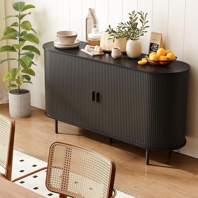 ONBRILL 55" Sideboard Buffet Cabinet with Storage, Storage Cabinet with Sliding Door & Adjustable Shelf, Modern Accent Coffee Bar Cabinet Console Table for Kitchen, Entryway, Black