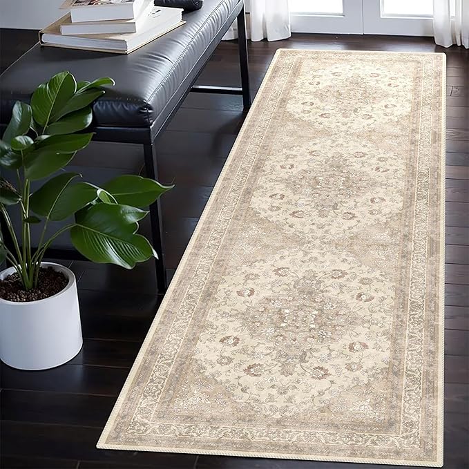 vivorug Runner Rug 2'x7' Vintage Floral Washable Non-Slip Runners for Hallways Kitchen Entryway Laundry Room Carpet Hallway Runner Beige